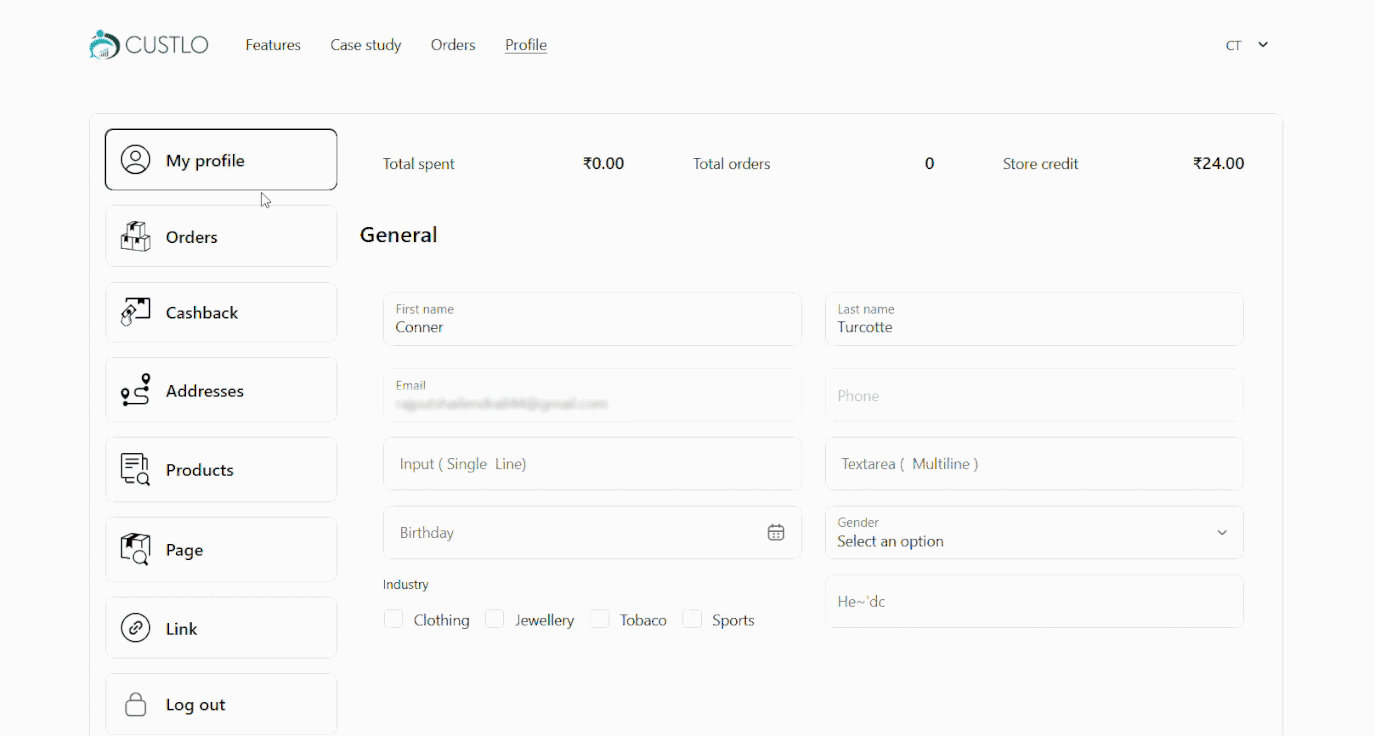 Dashboard with Custlo