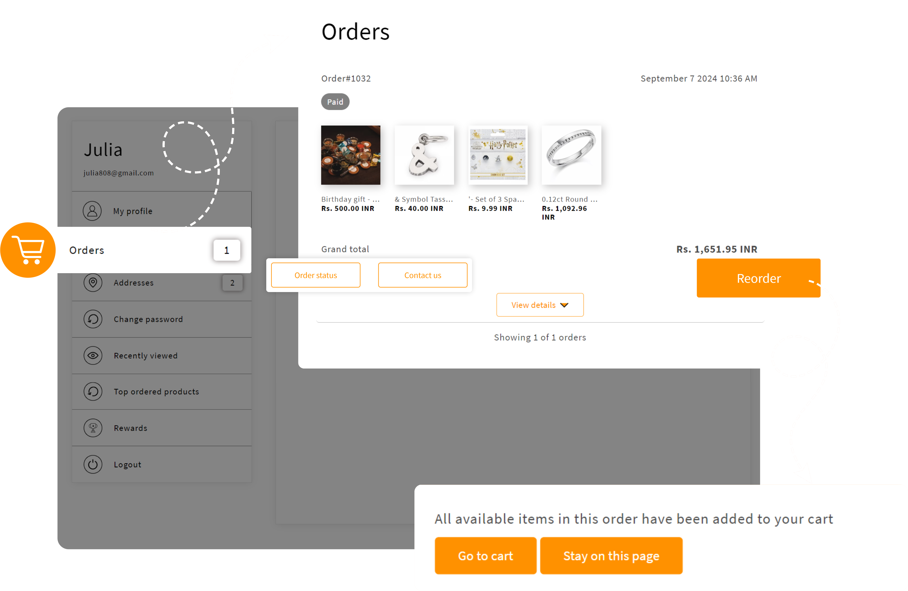 shopify account page re-order